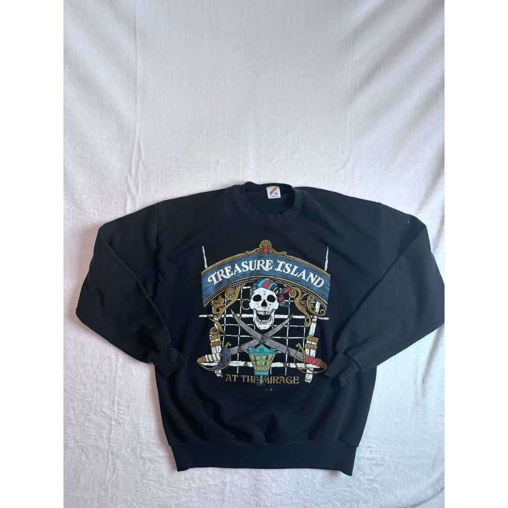 VTG Jerzees Treasure Island At the Mirage Black Sweatshirt Distressed‎ Men's L *